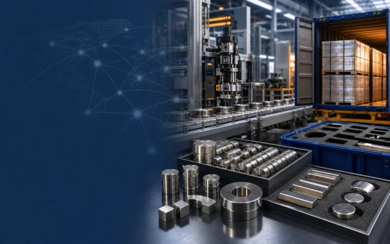 Neodymium magnet production and export packaging illustrating rare earth magnet supply chain resilience in 2026