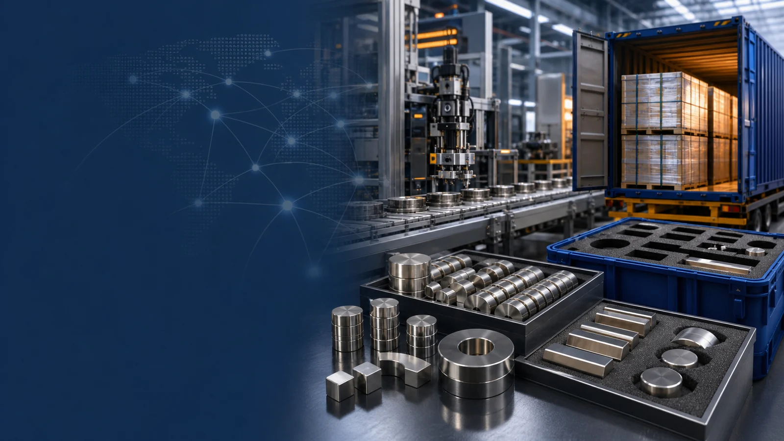 Home Neodymium magnet production and export packaging illustrating rare earth magnet supply chain resilience in 2026