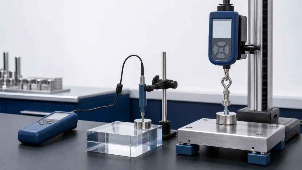 Gauss vs Pull Force: How to Specify Magnet Strength Gaussmeter probe and force gauge comparing magnet surface field with pull force testing