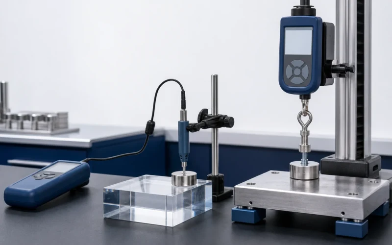 Gaussmeter probe and force gauge comparing magnet surface field with pull force testing