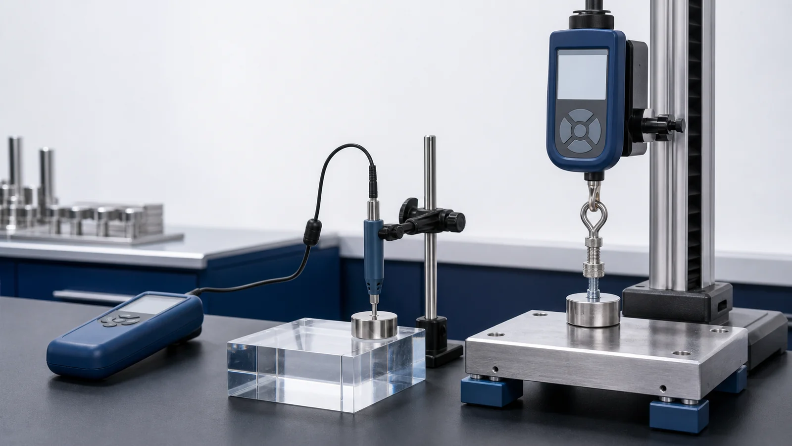 Home Gaussmeter probe and force gauge comparing magnet surface field with pull force testing
