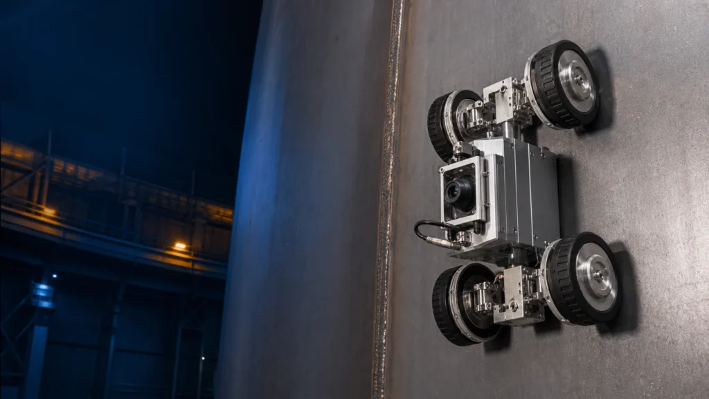 Four-wheel magnetic adhesion robot inspecting a vertical steel structure with a camera and NDT sensor