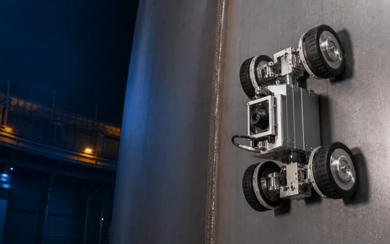 Four-wheel magnetic adhesion robot inspecting a vertical steel structure with a camera and NDT sensor
