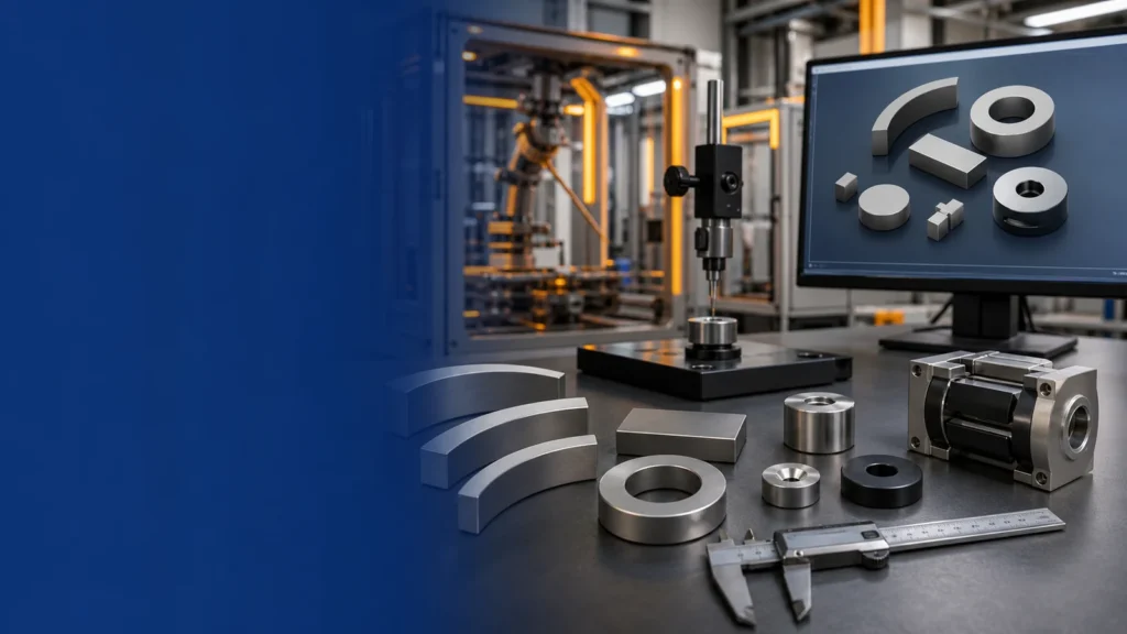Custom arc, ring, block and disc neodymium magnets beside CAD and precision inspection equipment
