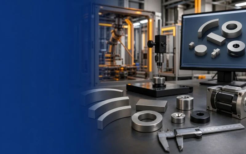 Custom arc, ring, block and disc neodymium magnets beside CAD and precision inspection equipment