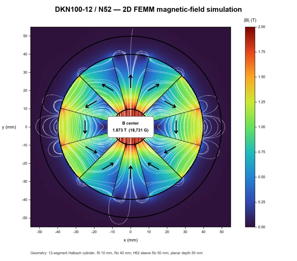 Halbach Arrays Target Field & Simulation — Illustrative simulation: DKN100-12 / N52. The displayed value is specific to this model.
