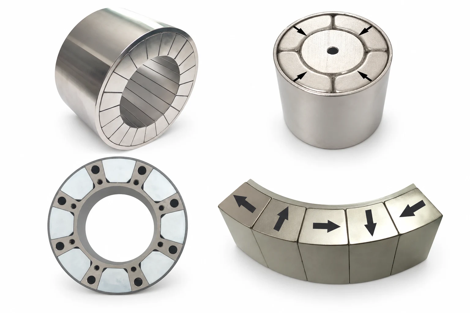 Halbach Arrays Four Halbach array configurations: cylindrical, ring and curved segment assemblies with magnetization direction arrows