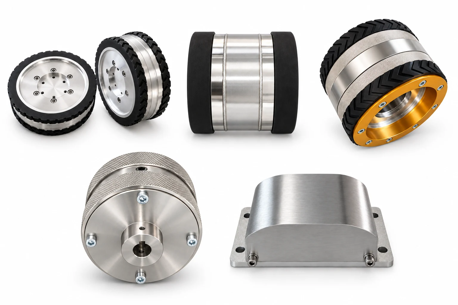 Magnetic Wheels Magnetic wheel styles with rubber treads, smooth rubber rims, knurled metal surfaces and a mounting-base assembly, shown on a white background.
