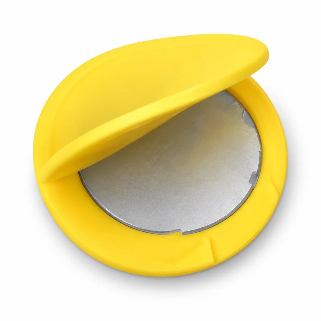 Rubber Coated Magnets Protective yellow cover opened to show the magnet