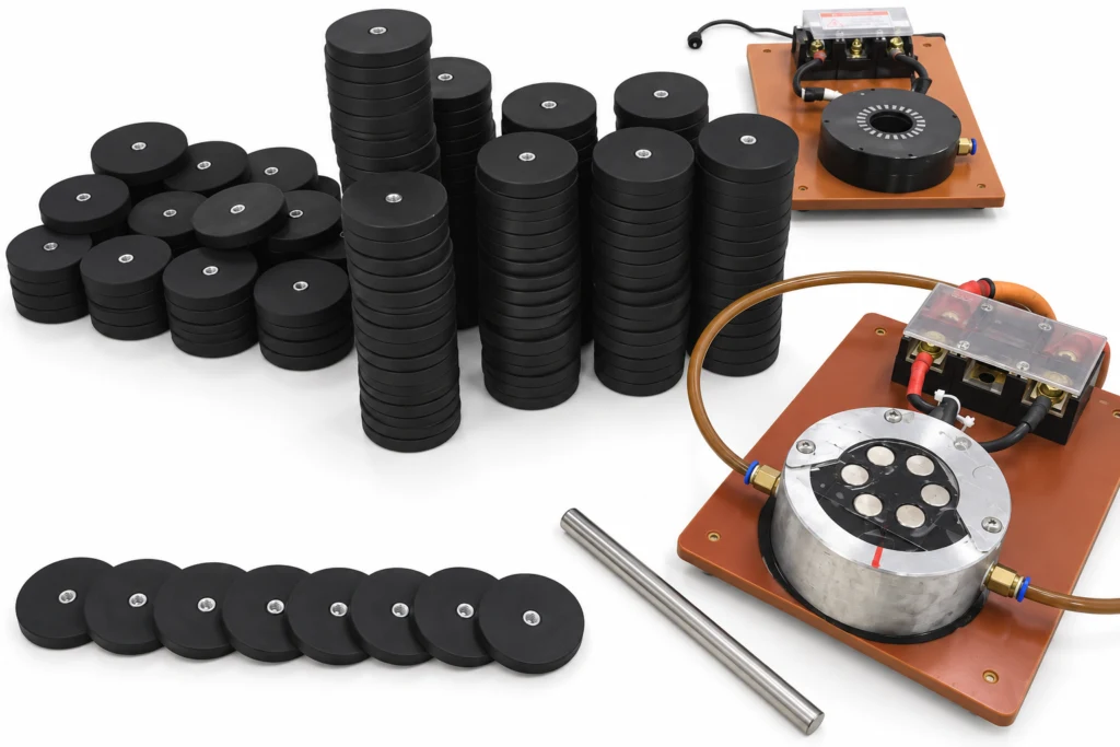 Rubber Coated Magnets Rubber coated magnets with magnetizing fixtures