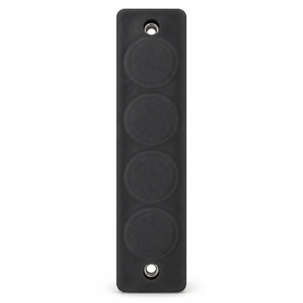 Rubber Coated Magnets Elongated rubber coated magnet with two mounting holes